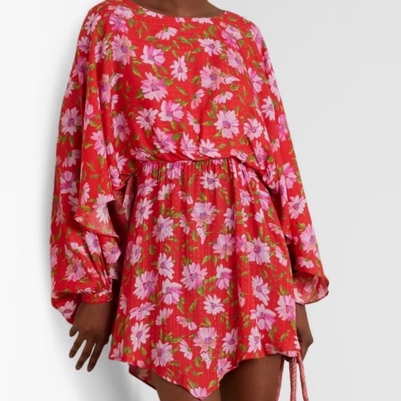 LOVESHACKFANCY red floral mini dress w/ asymmetrical hem - size small - Picture 2 of 6